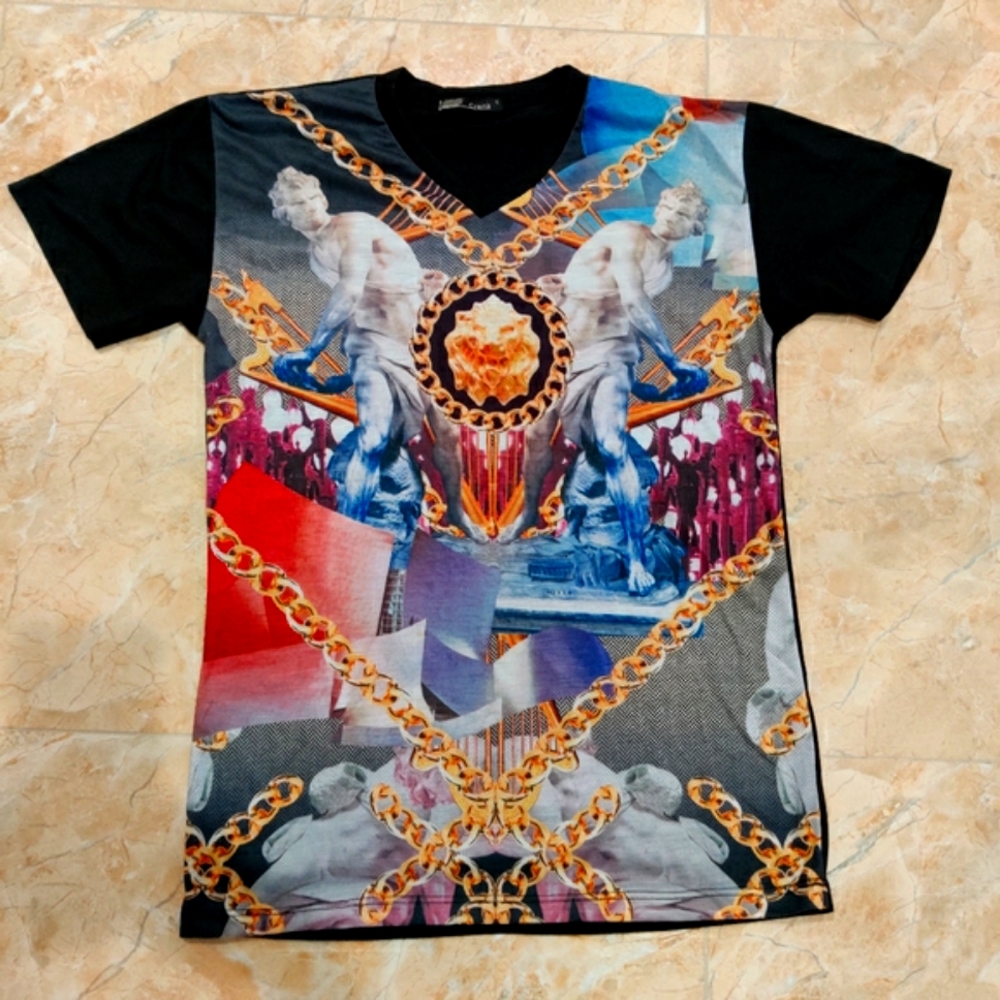 Gold Black Renaissance Greek God Lion Chains Sculpture Graphic V Neck Tee